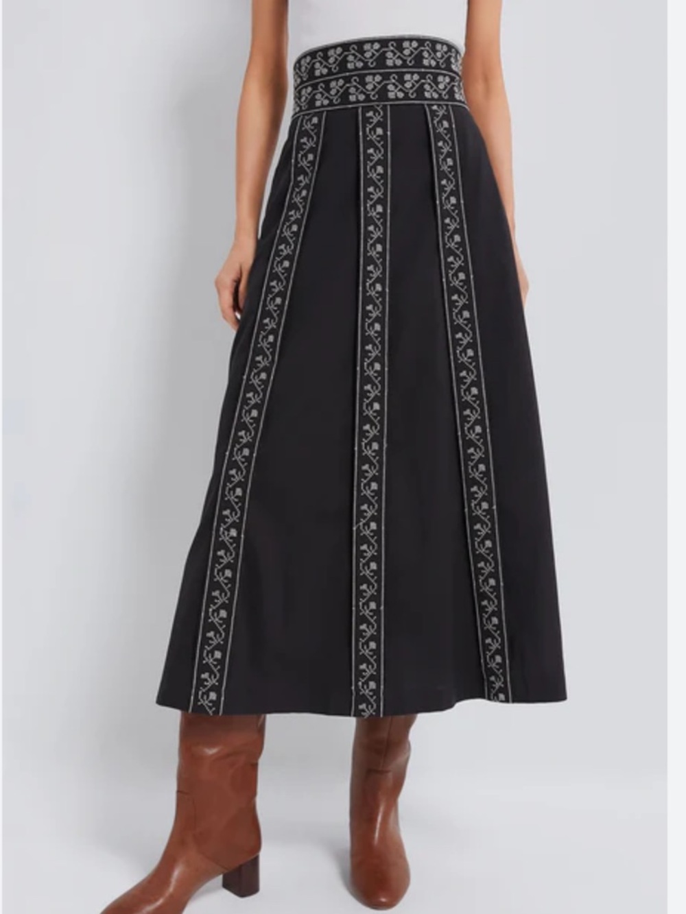 Tuckernuck Black Midi Skirt with Vertical Embroidered Panels